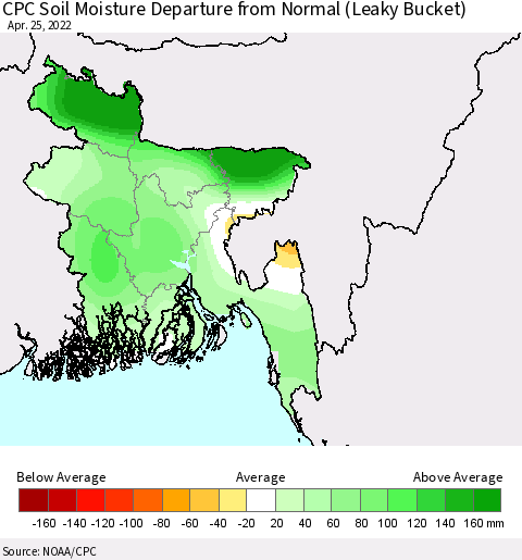 Bangladesh CPC Soil Moisture Departure from Normal (Leaky Bucket) Thematic Map For 4/21/2022 - 4/25/2022