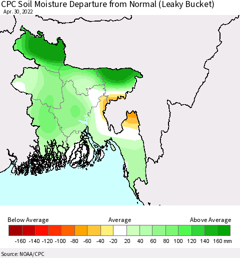 Bangladesh CPC Soil Moisture Departure from Normal (Leaky Bucket) Thematic Map For 4/26/2022 - 4/30/2022