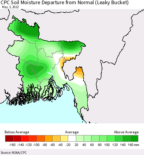 Bangladesh CPC Soil Moisture Departure from Normal (Leaky Bucket) Thematic Map For 5/1/2022 - 5/5/2022