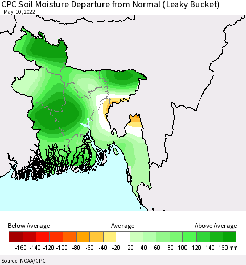 Bangladesh CPC Soil Moisture Departure from Normal (Leaky Bucket) Thematic Map For 5/6/2022 - 5/10/2022