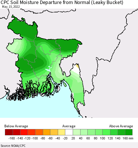 Bangladesh CPC Soil Moisture Departure from Normal (Leaky Bucket) Thematic Map For 5/11/2022 - 5/15/2022