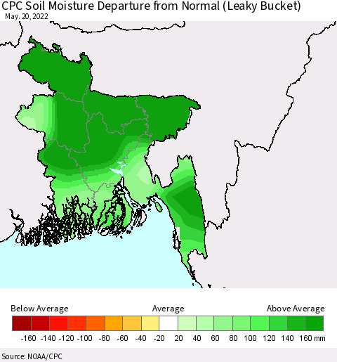 Bangladesh CPC Soil Moisture Departure from Normal (Leaky Bucket) Thematic Map For 5/16/2022 - 5/20/2022