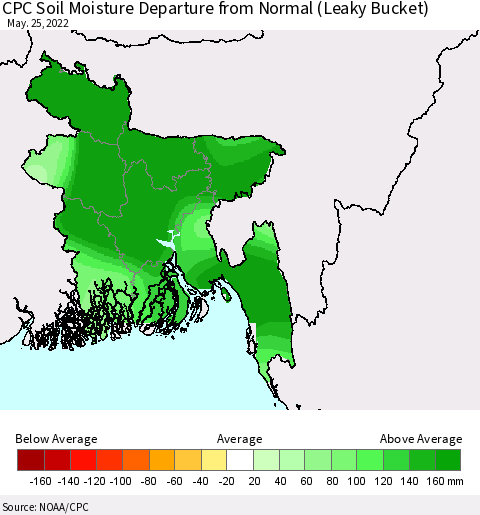 Bangladesh CPC Soil Moisture Departure from Normal (Leaky Bucket) Thematic Map For 5/21/2022 - 5/25/2022