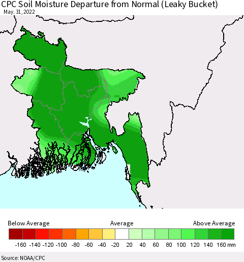 Bangladesh CPC Soil Moisture Departure from Normal (Leaky Bucket) Thematic Map For 5/26/2022 - 5/31/2022
