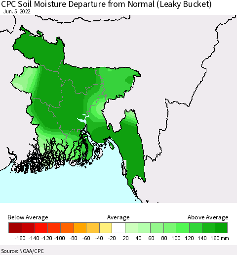 Bangladesh CPC Soil Moisture Departure from Normal (Leaky Bucket) Thematic Map For 6/1/2022 - 6/5/2022