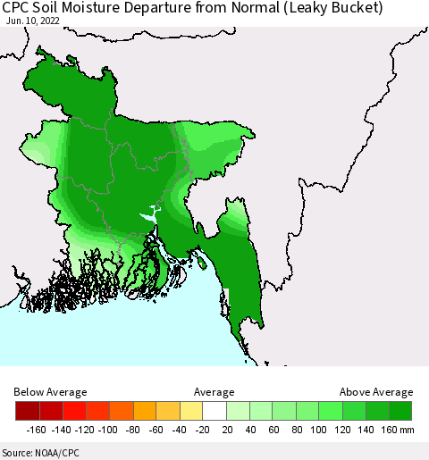 Bangladesh CPC Soil Moisture Departure from Normal (Leaky Bucket) Thematic Map For 6/6/2022 - 6/10/2022