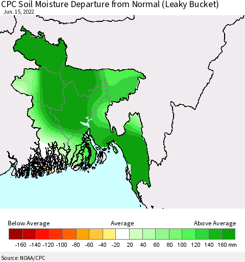 Bangladesh CPC Soil Moisture Departure from Normal (Leaky Bucket) Thematic Map For 6/11/2022 - 6/15/2022