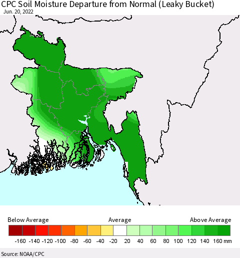 Bangladesh CPC Soil Moisture Departure from Normal (Leaky Bucket) Thematic Map For 6/16/2022 - 6/20/2022