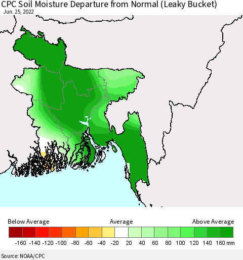 Bangladesh CPC Soil Moisture Departure from Normal (Leaky Bucket) Thematic Map For 6/21/2022 - 6/25/2022