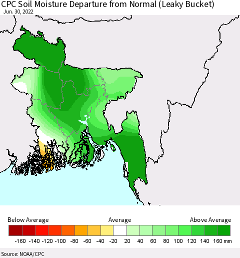 Bangladesh CPC Soil Moisture Departure from Normal (Leaky Bucket) Thematic Map For 6/26/2022 - 6/30/2022
