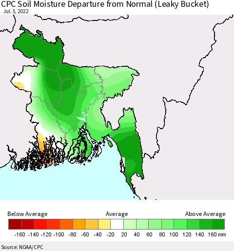 Bangladesh CPC Soil Moisture Departure from Normal (Leaky Bucket) Thematic Map For 7/1/2022 - 7/5/2022