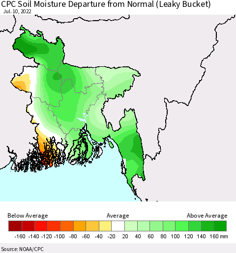 Bangladesh CPC Soil Moisture Departure from Normal (Leaky Bucket) Thematic Map For 7/6/2022 - 7/10/2022