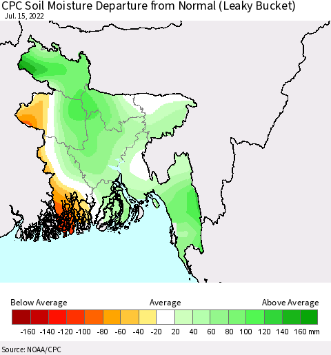 Bangladesh CPC Soil Moisture Departure from Normal (Leaky Bucket) Thematic Map For 7/11/2022 - 7/15/2022