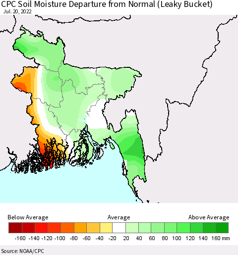Bangladesh CPC Soil Moisture Departure from Normal (Leaky Bucket) Thematic Map For 7/16/2022 - 7/20/2022