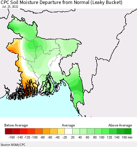 Bangladesh CPC Soil Moisture Departure from Normal (Leaky Bucket) Thematic Map For 7/21/2022 - 7/25/2022