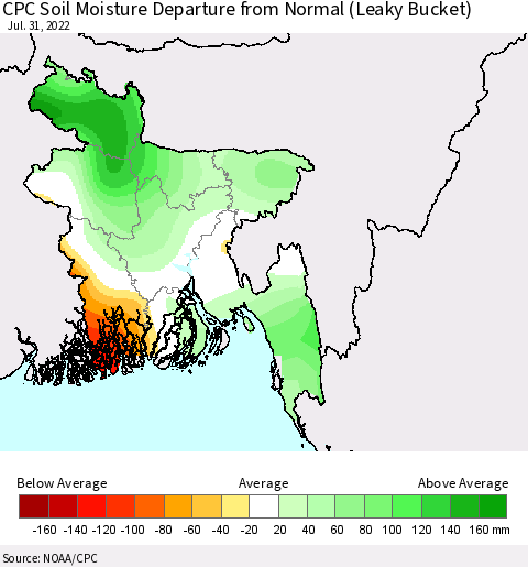 Bangladesh CPC Soil Moisture Departure from Normal (Leaky Bucket) Thematic Map For 7/26/2022 - 7/31/2022
