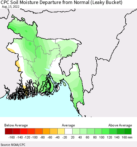 Bangladesh CPC Soil Moisture Departure from Normal (Leaky Bucket) Thematic Map For 8/11/2022 - 8/15/2022