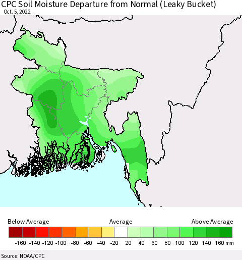 Bangladesh CPC Soil Moisture Departure from Normal (Leaky Bucket) Thematic Map For 10/1/2022 - 10/5/2022