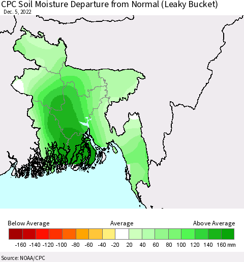 Bangladesh CPC Soil Moisture Departure from Normal (Leaky Bucket) Thematic Map For 12/1/2022 - 12/5/2022