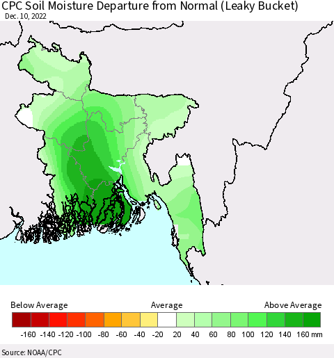 Bangladesh CPC Soil Moisture Departure from Normal (Leaky Bucket) Thematic Map For 12/6/2022 - 12/10/2022
