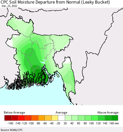 Bangladesh CPC Soil Moisture Departure from Normal (Leaky Bucket) Thematic Map For 12/21/2022 - 12/25/2022
