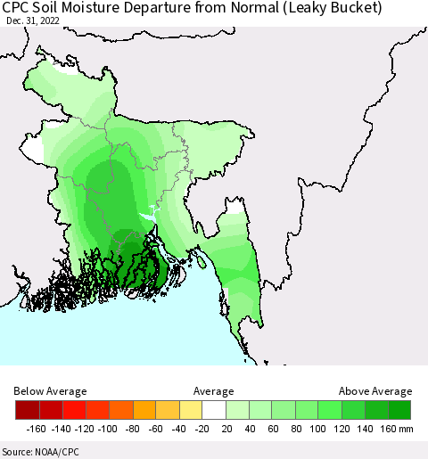 Bangladesh CPC Soil Moisture Departure from Normal (Leaky Bucket) Thematic Map For 12/26/2022 - 12/31/2022