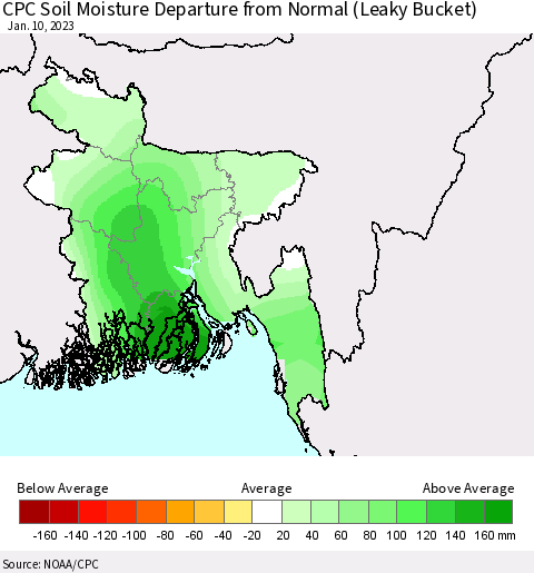 Bangladesh CPC Soil Moisture Departure from Normal (Leaky Bucket) Thematic Map For 1/6/2023 - 1/10/2023