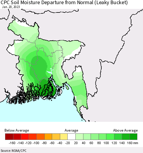 Bangladesh CPC Soil Moisture Departure from Normal (Leaky Bucket) Thematic Map For 1/16/2023 - 1/20/2023