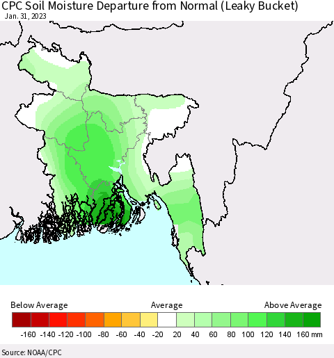 Bangladesh CPC Soil Moisture Departure from Normal (Leaky Bucket) Thematic Map For 1/26/2023 - 1/31/2023