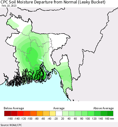 Bangladesh CPC Soil Moisture Departure from Normal (Leaky Bucket) Thematic Map For 2/6/2023 - 2/10/2023