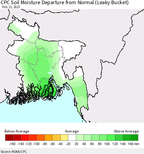 Bangladesh CPC Soil Moisture Departure from Normal (Leaky Bucket) Thematic Map For 2/11/2023 - 2/15/2023