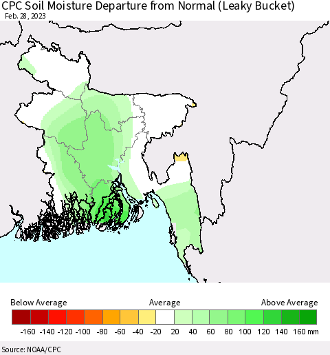 Bangladesh CPC Soil Moisture Departure from Normal (Leaky Bucket) Thematic Map For 2/26/2023 - 2/28/2023
