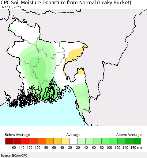 Bangladesh CPC Soil Moisture Departure from Normal (Leaky Bucket) Thematic Map For 3/6/2023 - 3/10/2023