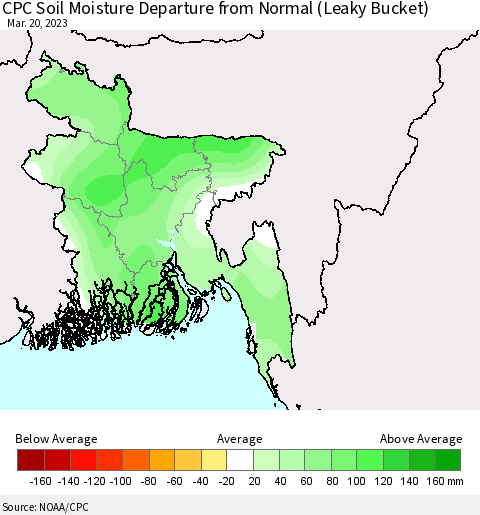 Bangladesh CPC Soil Moisture Departure from Normal (Leaky Bucket) Thematic Map For 3/16/2023 - 3/20/2023