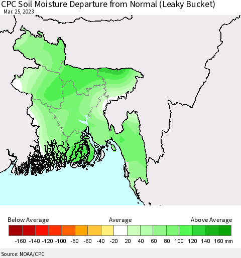 Bangladesh CPC Soil Moisture Departure from Normal (Leaky Bucket) Thematic Map For 3/21/2023 - 3/25/2023
