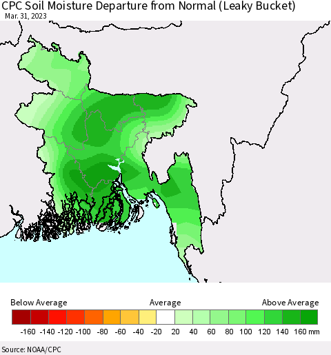 Bangladesh CPC Soil Moisture Departure from Normal (Leaky Bucket) Thematic Map For 3/26/2023 - 3/31/2023