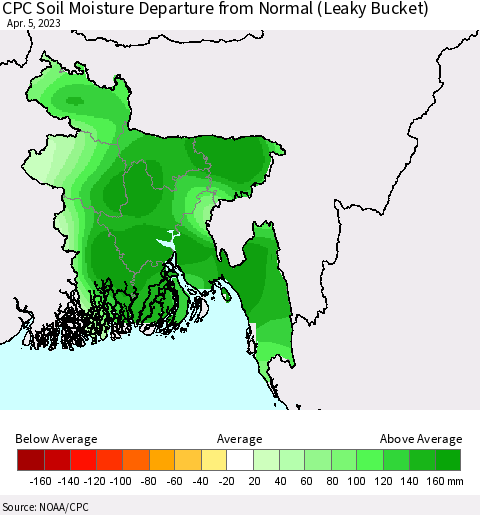 Bangladesh CPC Soil Moisture Departure from Normal (Leaky Bucket) Thematic Map For 4/1/2023 - 4/5/2023