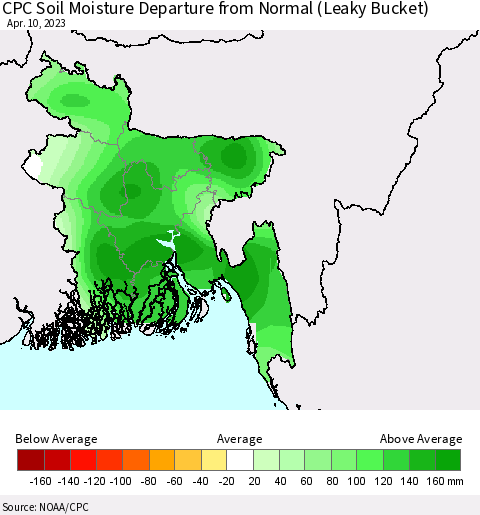 Bangladesh CPC Soil Moisture Departure from Normal (Leaky Bucket) Thematic Map For 4/6/2023 - 4/10/2023