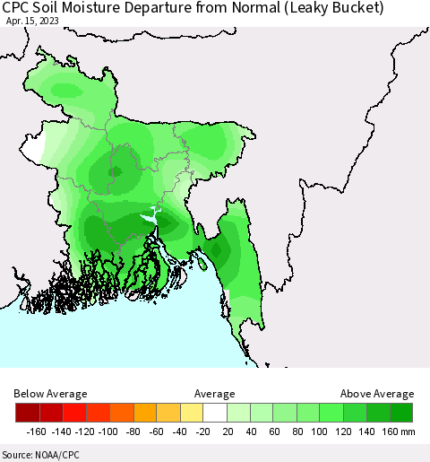 Bangladesh CPC Soil Moisture Departure from Normal (Leaky Bucket) Thematic Map For 4/11/2023 - 4/15/2023