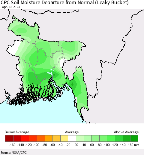 Bangladesh CPC Soil Moisture Departure from Normal (Leaky Bucket) Thematic Map For 4/16/2023 - 4/20/2023