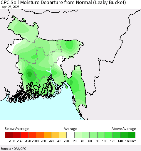Bangladesh CPC Soil Moisture Departure from Normal (Leaky Bucket) Thematic Map For 4/21/2023 - 4/25/2023