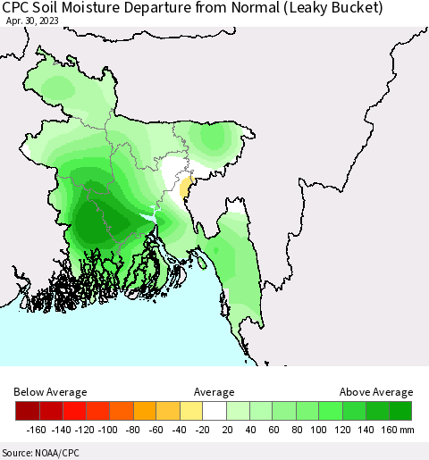 Bangladesh CPC Soil Moisture Departure from Normal (Leaky Bucket) Thematic Map For 4/26/2023 - 4/30/2023