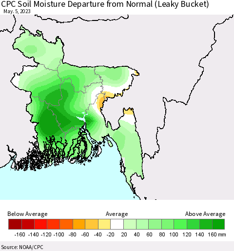 Bangladesh CPC Soil Moisture Departure from Normal (Leaky Bucket) Thematic Map For 5/1/2023 - 5/5/2023