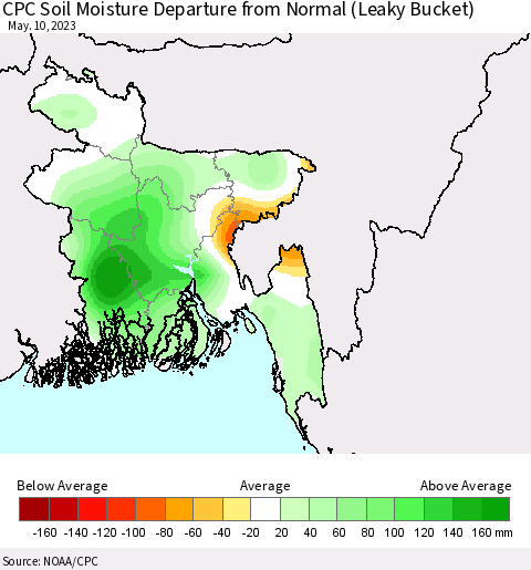 Bangladesh CPC Soil Moisture Departure from Normal (Leaky Bucket) Thematic Map For 5/6/2023 - 5/10/2023