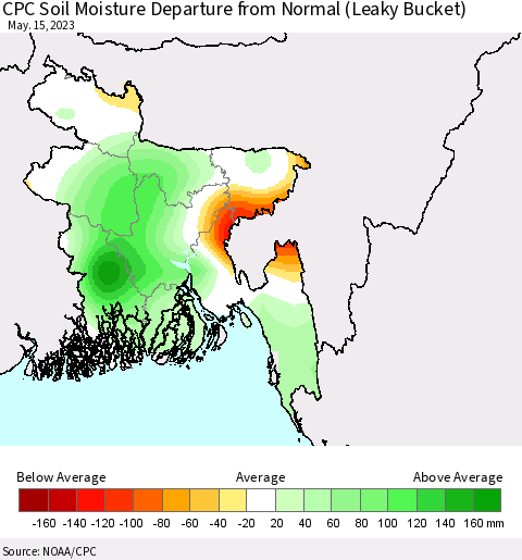 Bangladesh CPC Soil Moisture Departure from Normal (Leaky Bucket) Thematic Map For 5/11/2023 - 5/15/2023