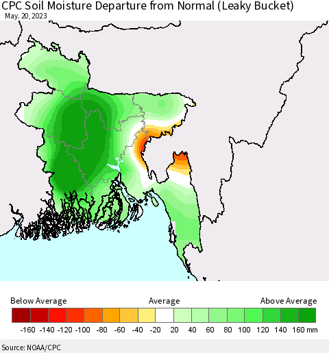 Bangladesh CPC Soil Moisture Departure from Normal (Leaky Bucket) Thematic Map For 5/16/2023 - 5/20/2023