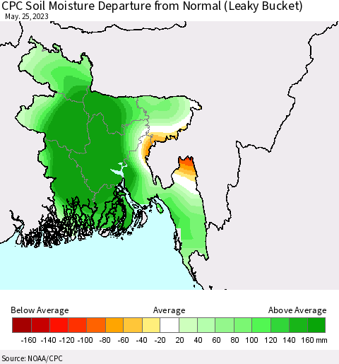 Bangladesh CPC Soil Moisture Departure from Normal (Leaky Bucket) Thematic Map For 5/21/2023 - 5/25/2023