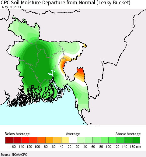 Bangladesh CPC Soil Moisture Departure from Normal (Leaky Bucket) Thematic Map For 5/26/2023 - 5/31/2023