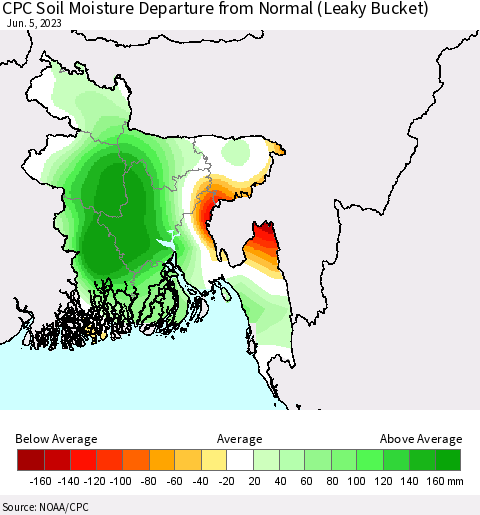 Bangladesh CPC Soil Moisture Departure from Normal (Leaky Bucket) Thematic Map For 6/1/2023 - 6/5/2023