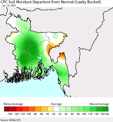 Bangladesh CPC Soil Moisture Departure from Normal (Leaky Bucket) Thematic Map For 6/6/2023 - 6/10/2023